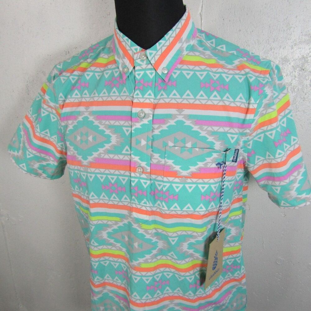 Chubbies Men's S En Fuego Wild Short Sleeve Button Down Shirt Aztec Geo NWT